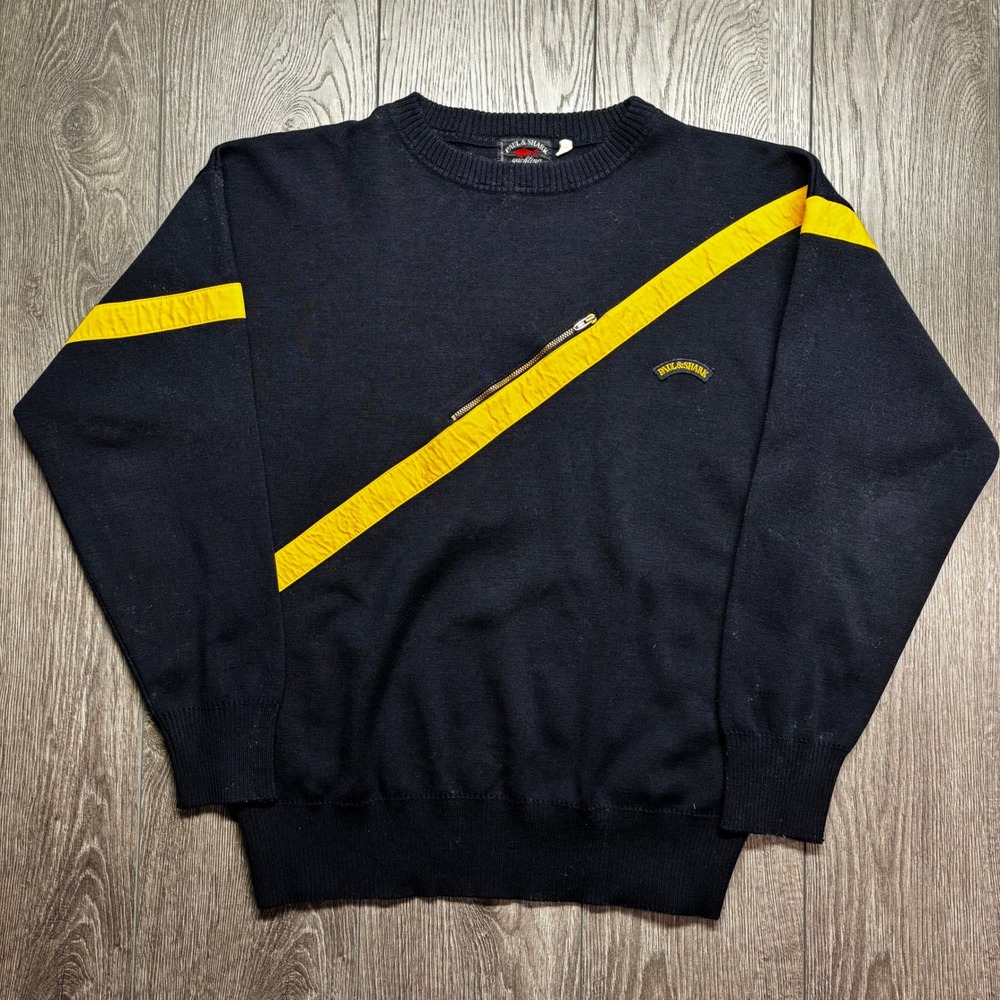Paul & Shark Yachting Mens Navy Blue Yellow Stripe Zip Accent Sweater Made Italy